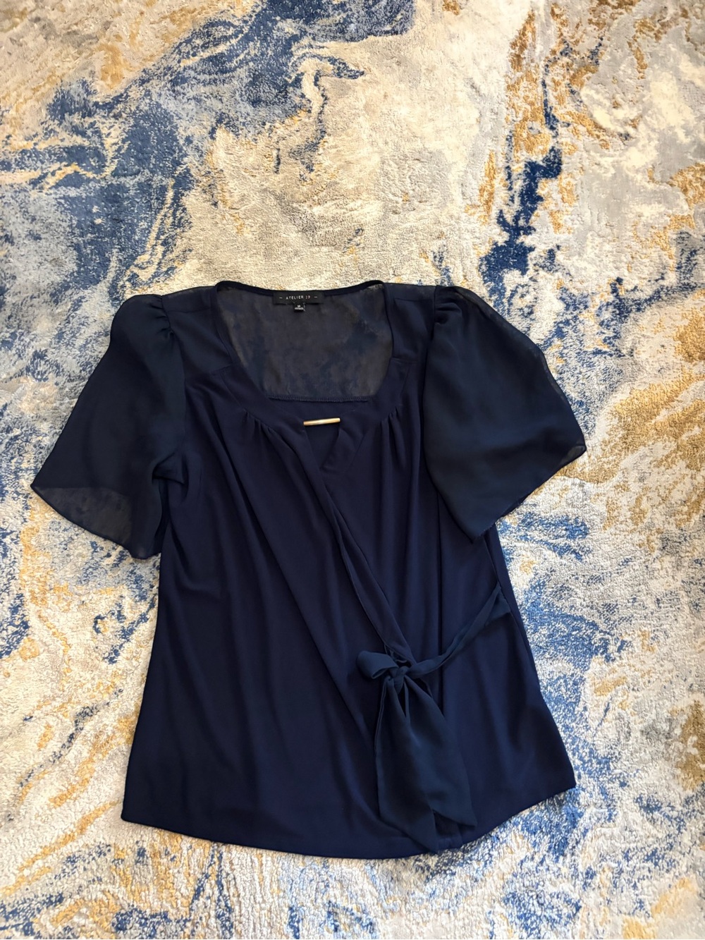 Navy Wrap Tie Short Sleeve Women's Top - Picture 4 of 5